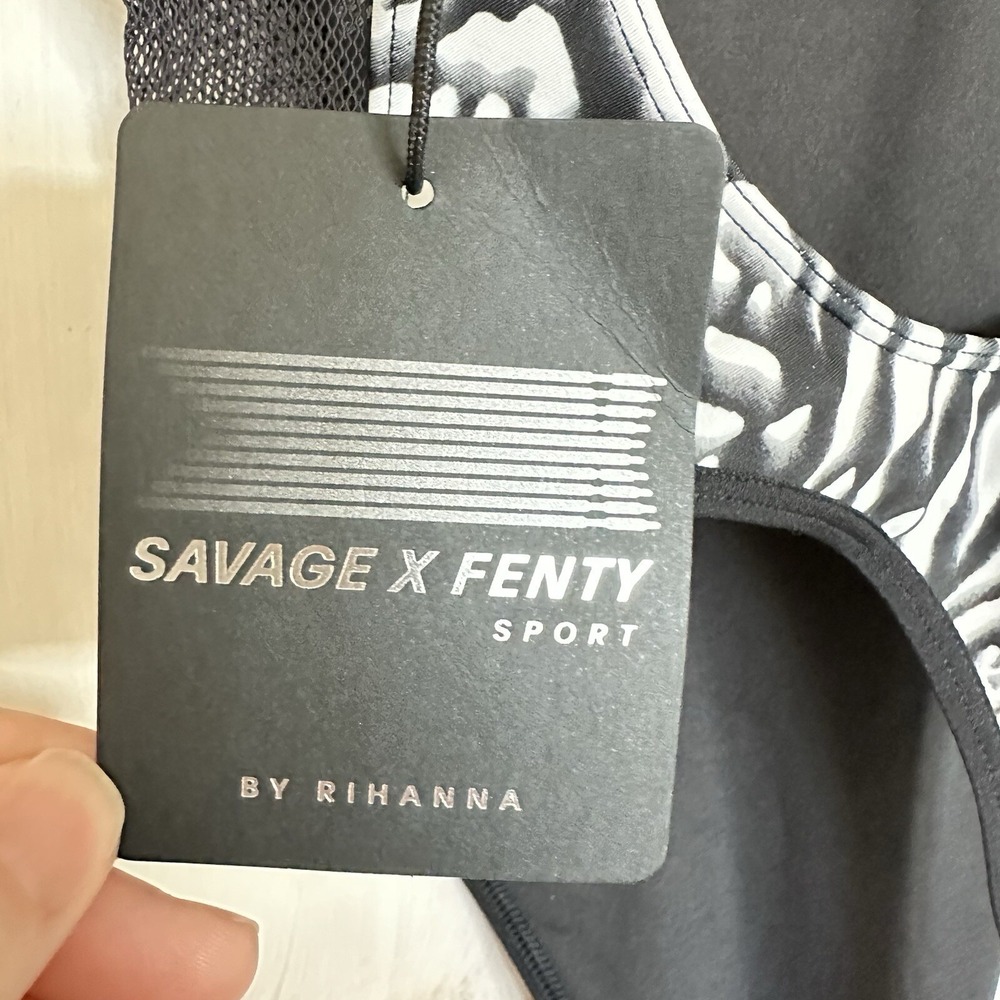 Savage X Fenty Sport Rihanna Animal Print Mesh High Leg Bodysuit Black White S - Picture 9 of 11